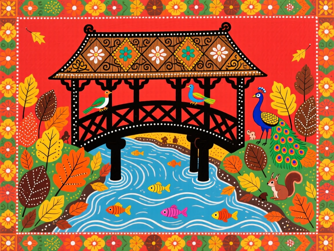 A covered bridge spanning a stream lined with autumn leaves.