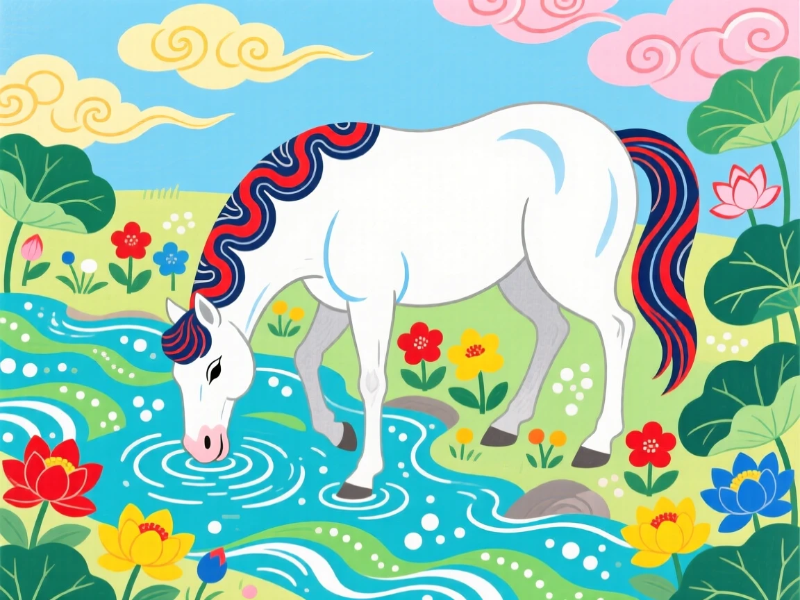 A proud white horse drinking from a stream on a summer afternoon.