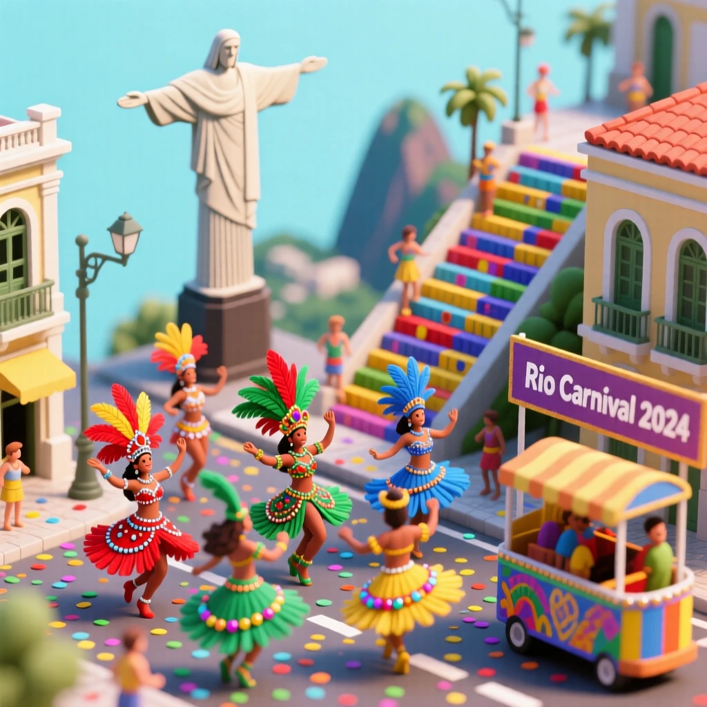 A Carnival celebration in Rio with elaborate feathered costumes, samba dancers moving through vibrant confetti-filled streets.