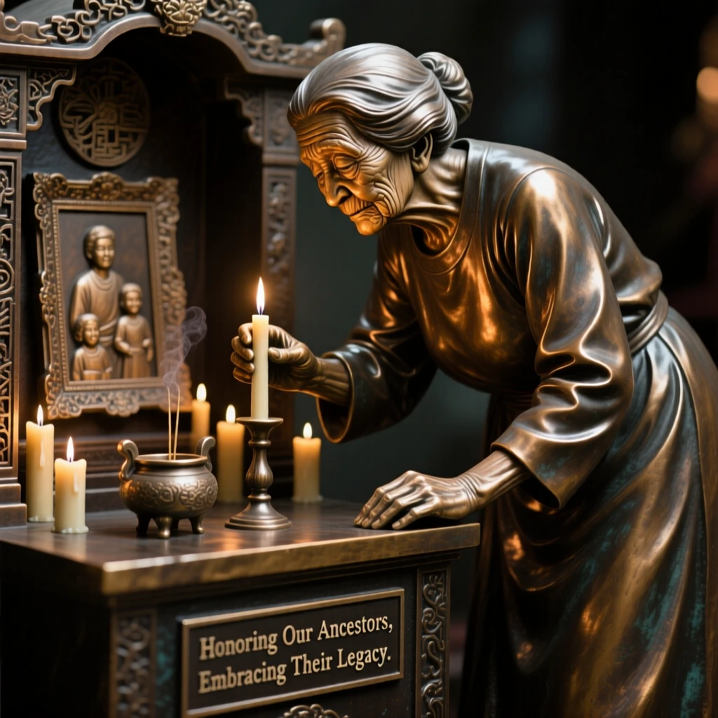 A grandmother lighting candles at a family shrine, with powerful, expressive body language, forming a strong central focal point