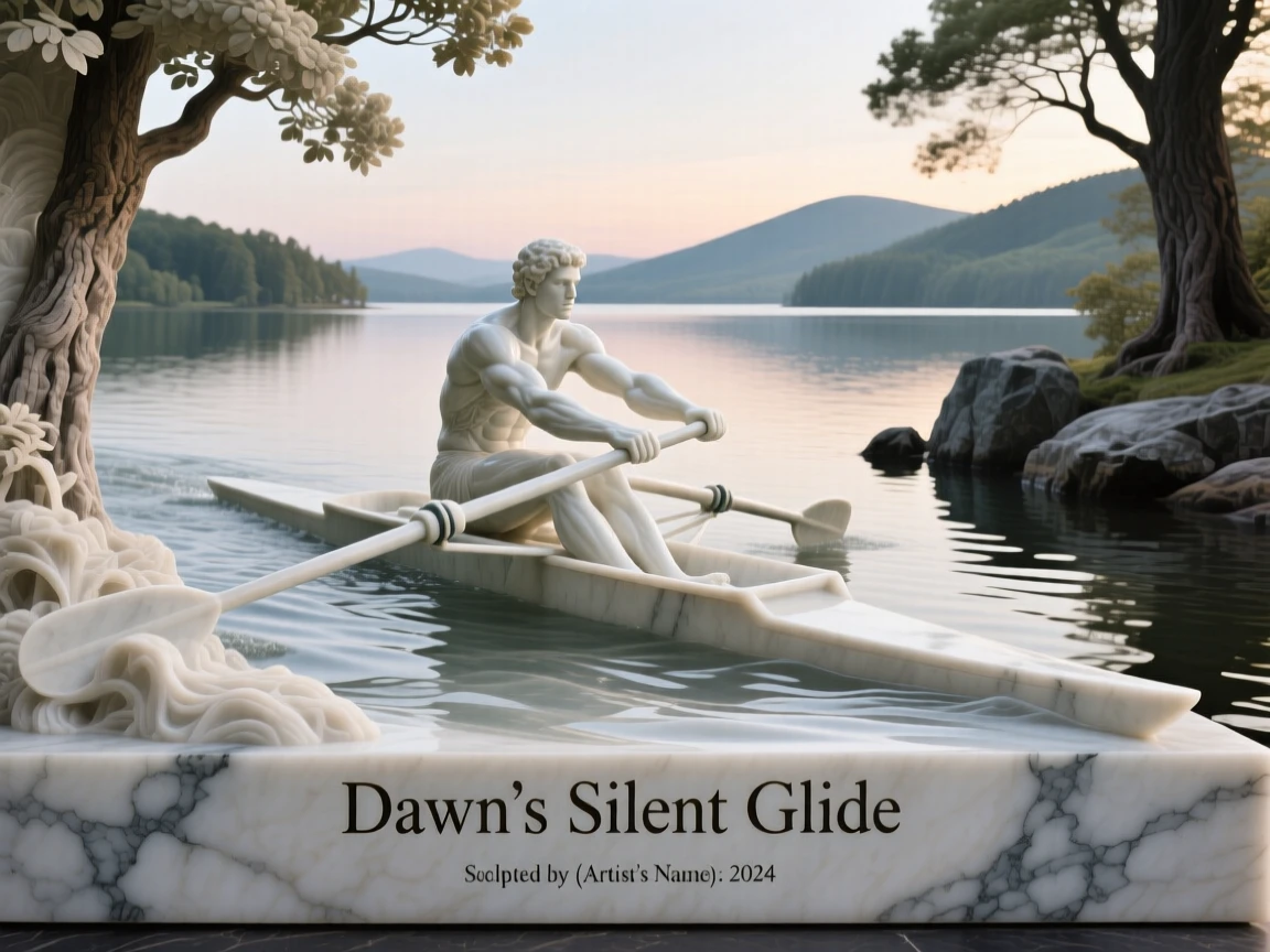 A beautifully composed image of a rower gliding across a still lake at dawn, framed by dramatic natural scenery, full of atmosphere and visual storytelling