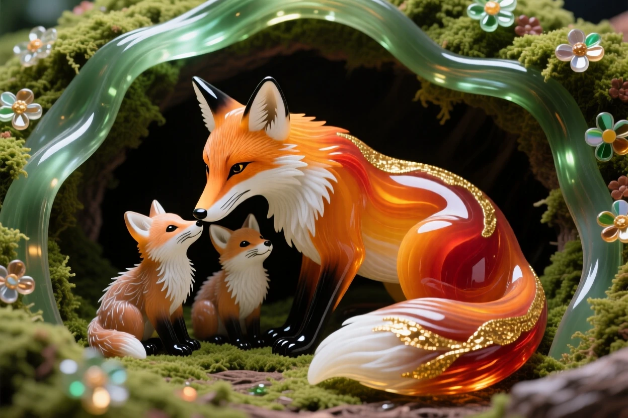 A mother fox nuzzling her kits in a den lined with soft moss, tender and cozy.