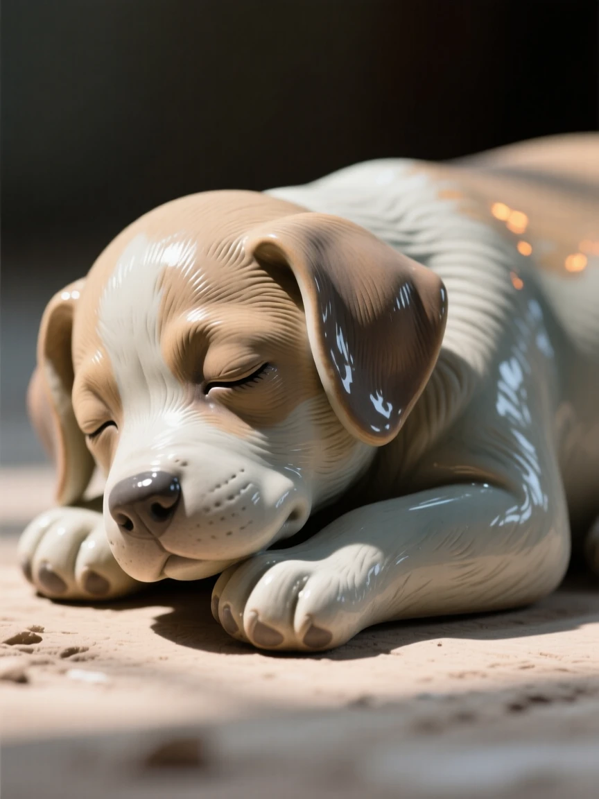 A sleeping puppy frozen in a moment of quiet vigilance, dappled in shifting patches of sunlight, capturing a fleeting moment of untamed grace.