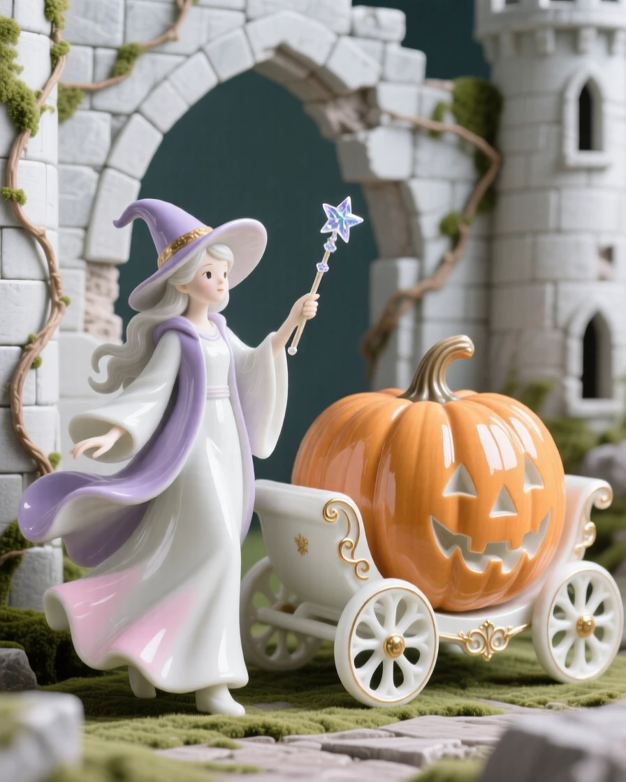 A whimsical scene of a young sorceress waving a sparkling wand over a pumpkin carriage in a crumbling storybook castle.