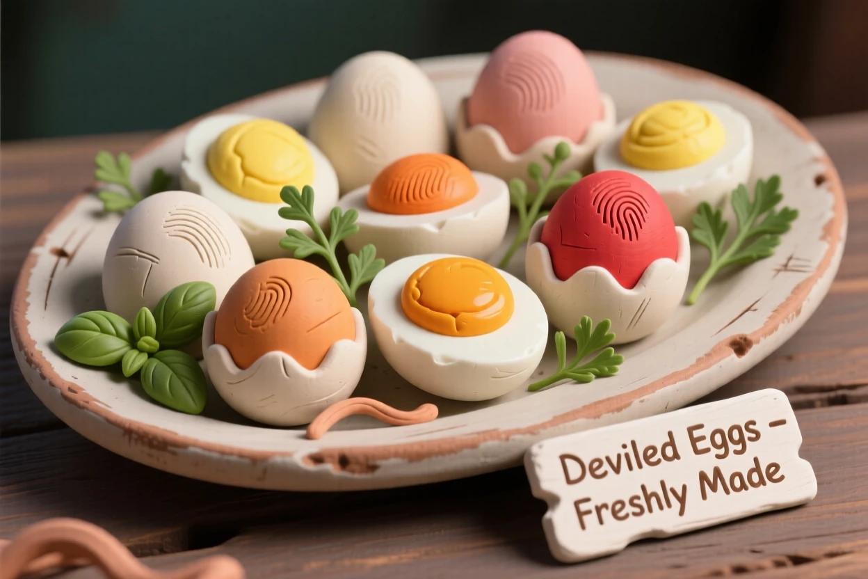 A platter of colorful deviled eggs garnished with fresh herbs