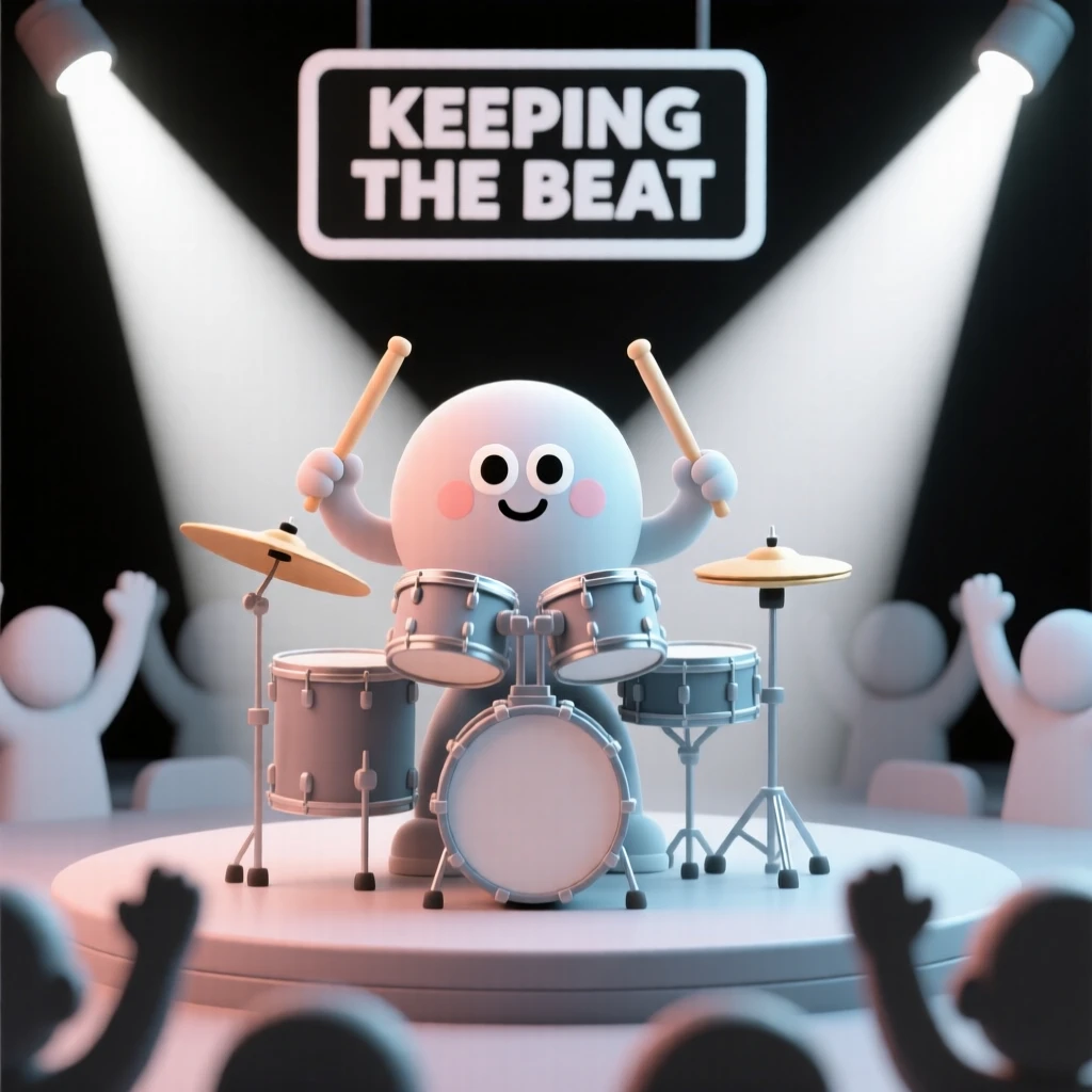 A determined rock band drummer keeps perfect rhythm, sticks blurring beneath dazzling stage lights as fans cheer.