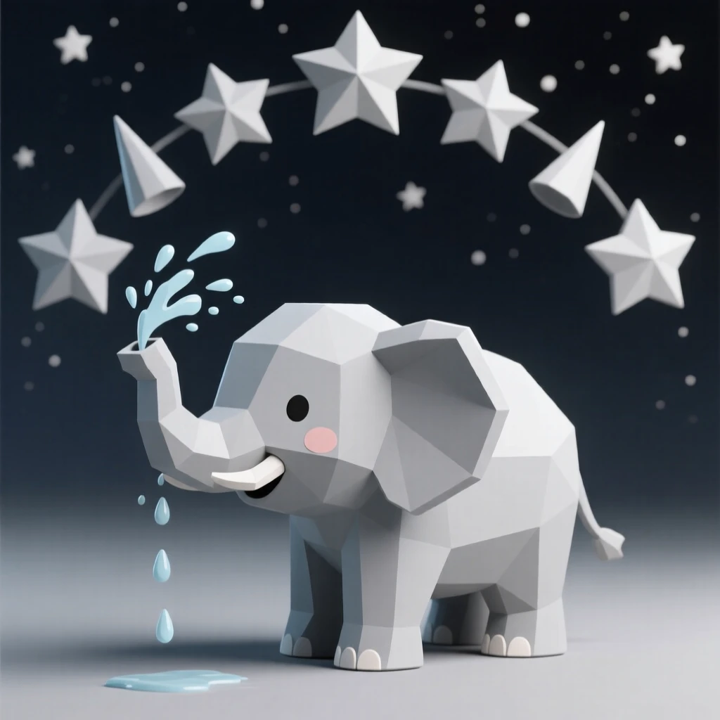 A baby elephant playfully spraying water, beneath a canopy of stars. delicate detail is visible in the fur and eyes. A feeling of serenity washes over the moment.