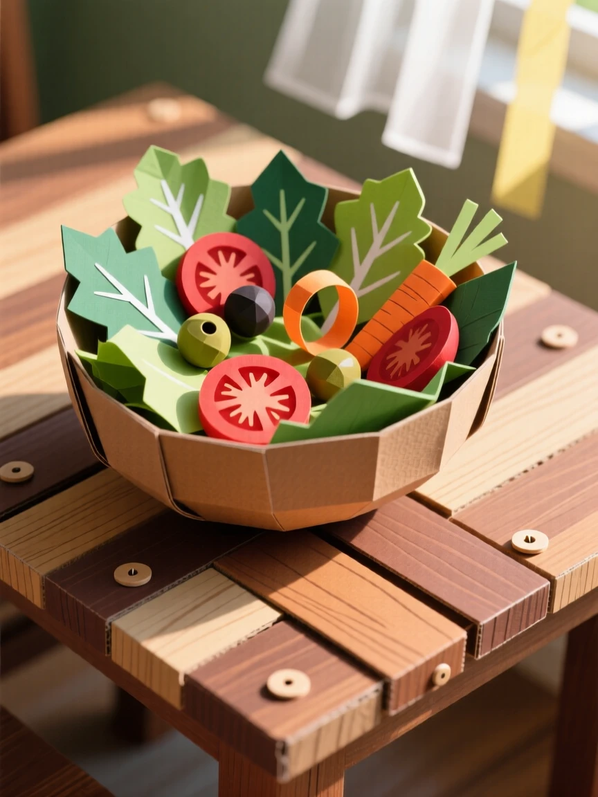 A vibrant bowl of fresh salad set on a rustic wooden table, with morning light catching every texture, evoking cozy, homemade charm.