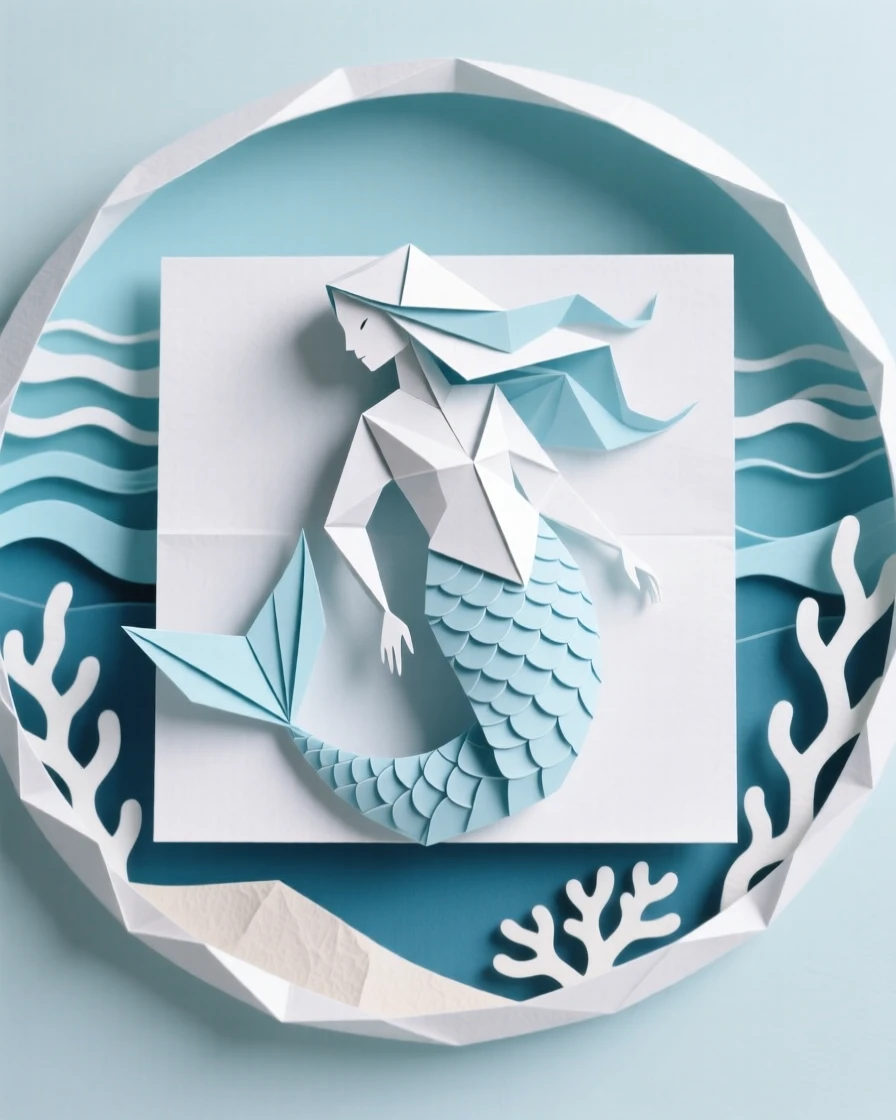 A decorative mermaid design curled gracefully within a circular ocean-themed frame.