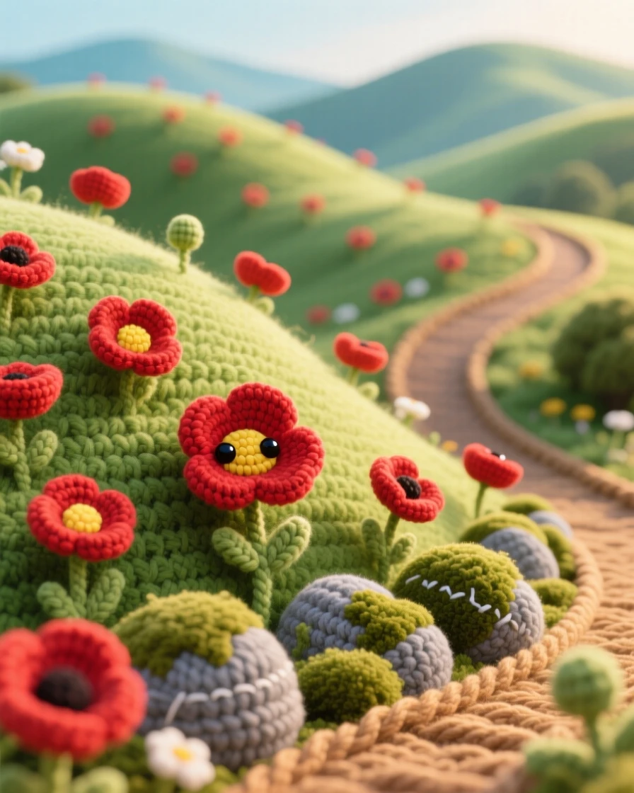 a rolling hillside dotted with wild poppies, glowing red under a warm summer sun, framed by a distant winding path framed by distant rolling hills; a cluster of soft mossy rocks completes the scene, full of quiet wonder at the wild world.