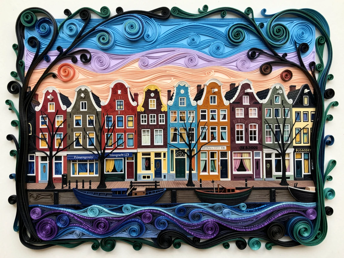 A breathtaking view of the colorful canal houses of Amsterdam at dusk beneath a sky painted in soft sunset gradients, in crisp, clear tones under a bright blue sky, framed by silhouetted trees in the foreground.
