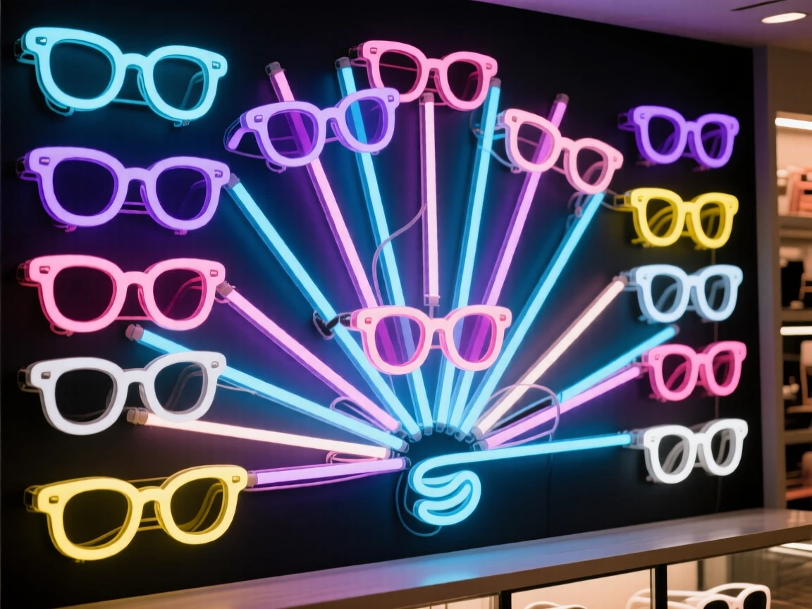 A wide array of sunglasses fanned out on a boutique counter.