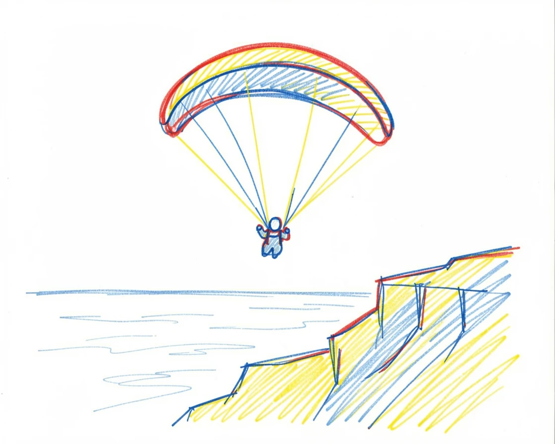 A paraglider soaring above a coastal cliff, colorful canopy overhead