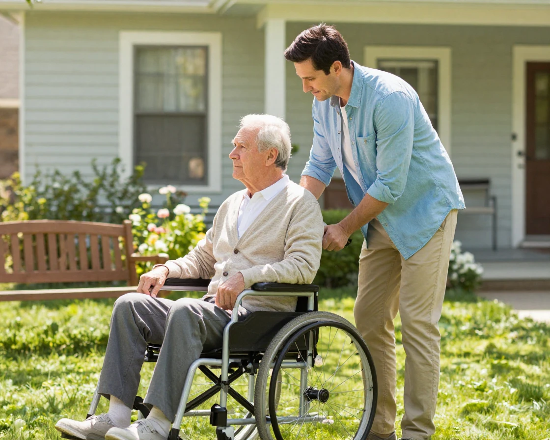 A son helping his elderly father into a wheelchair with care