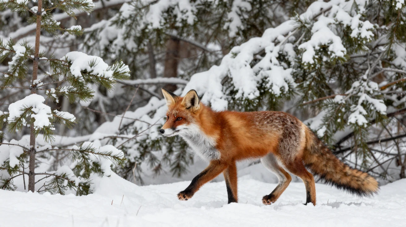 A red fox pauses mid-stride in a snowy forest, ears perked toward a distant sound.
