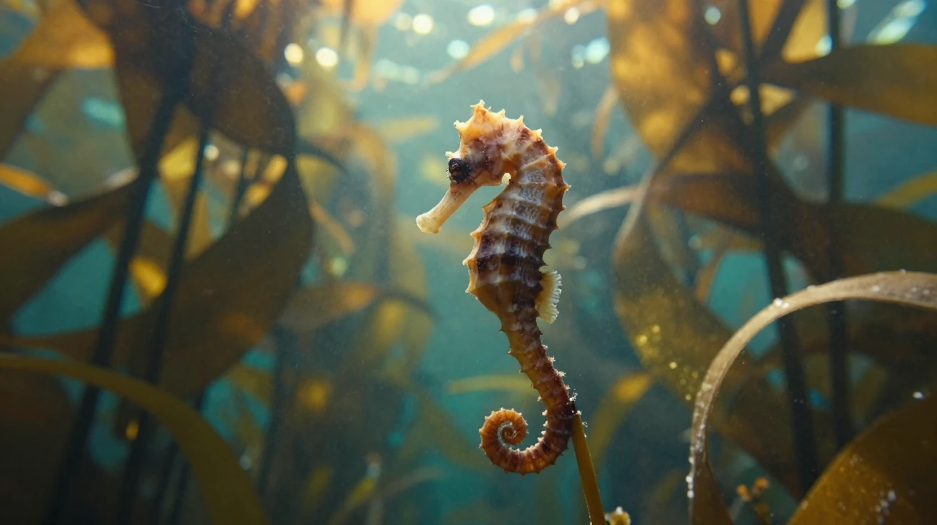 A seahorse anchored to a swaying reed exploring in the dappled light of a kelp forest