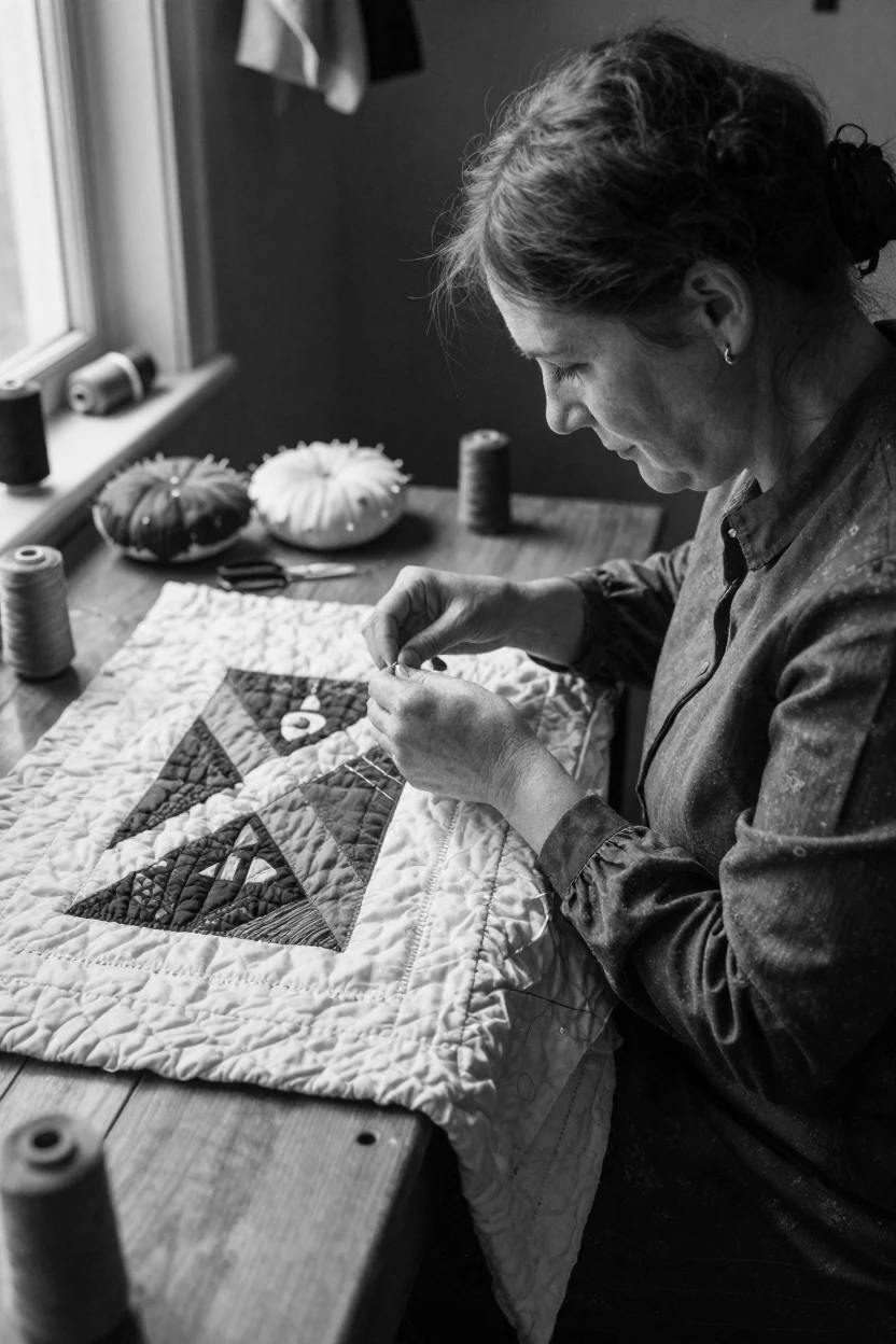 A quilter stitches together a colorful quilt in a quiet sewing room.