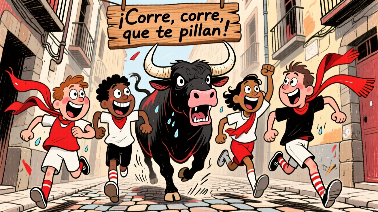 A group celebrating the Running of the Bulls, sprinting through narrow cobblestone streets.