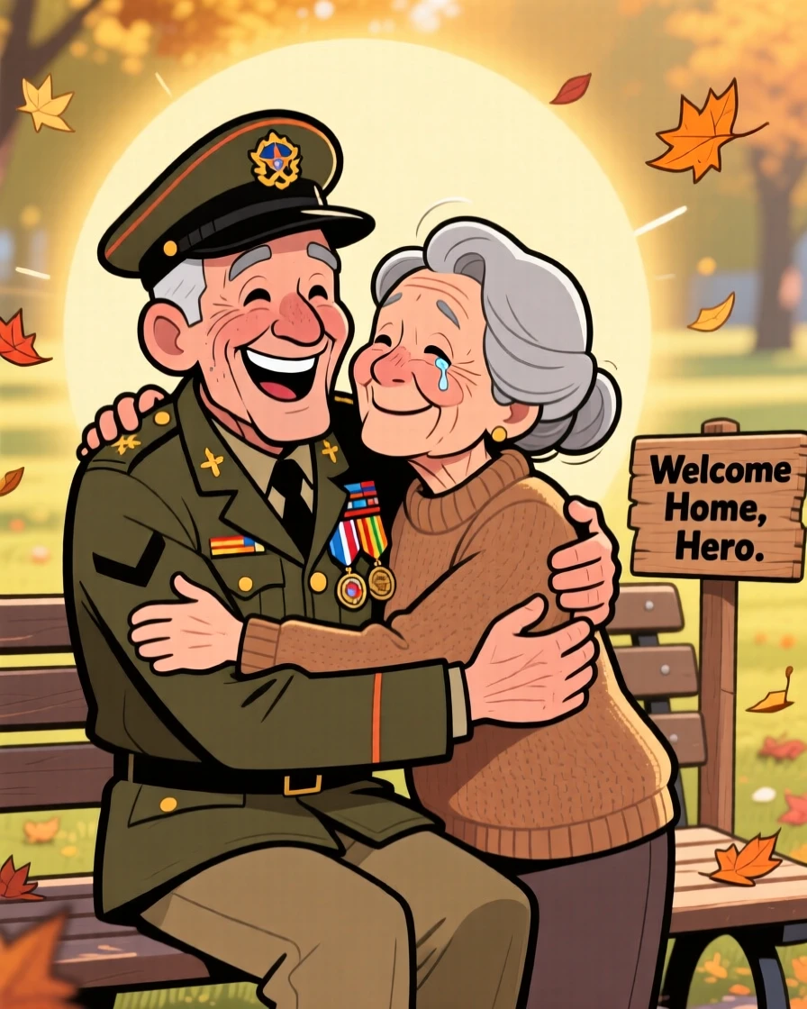 A heartwarming moment depicting an elderly veteran reuniting after years apart, as warm light glows softly around them.