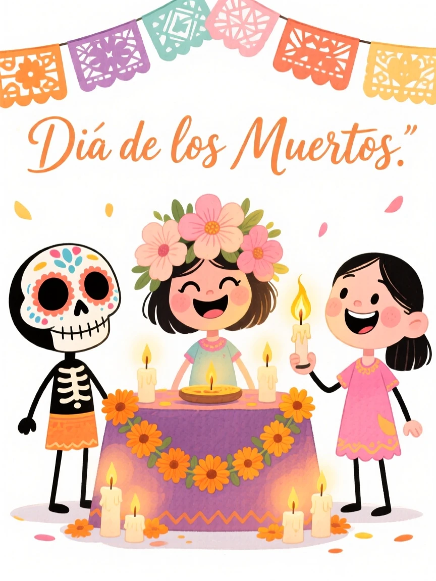 A joyful celebration scene of a Day of the Dead altar decorated with marigolds and candles, radiating cozy holiday cheer
