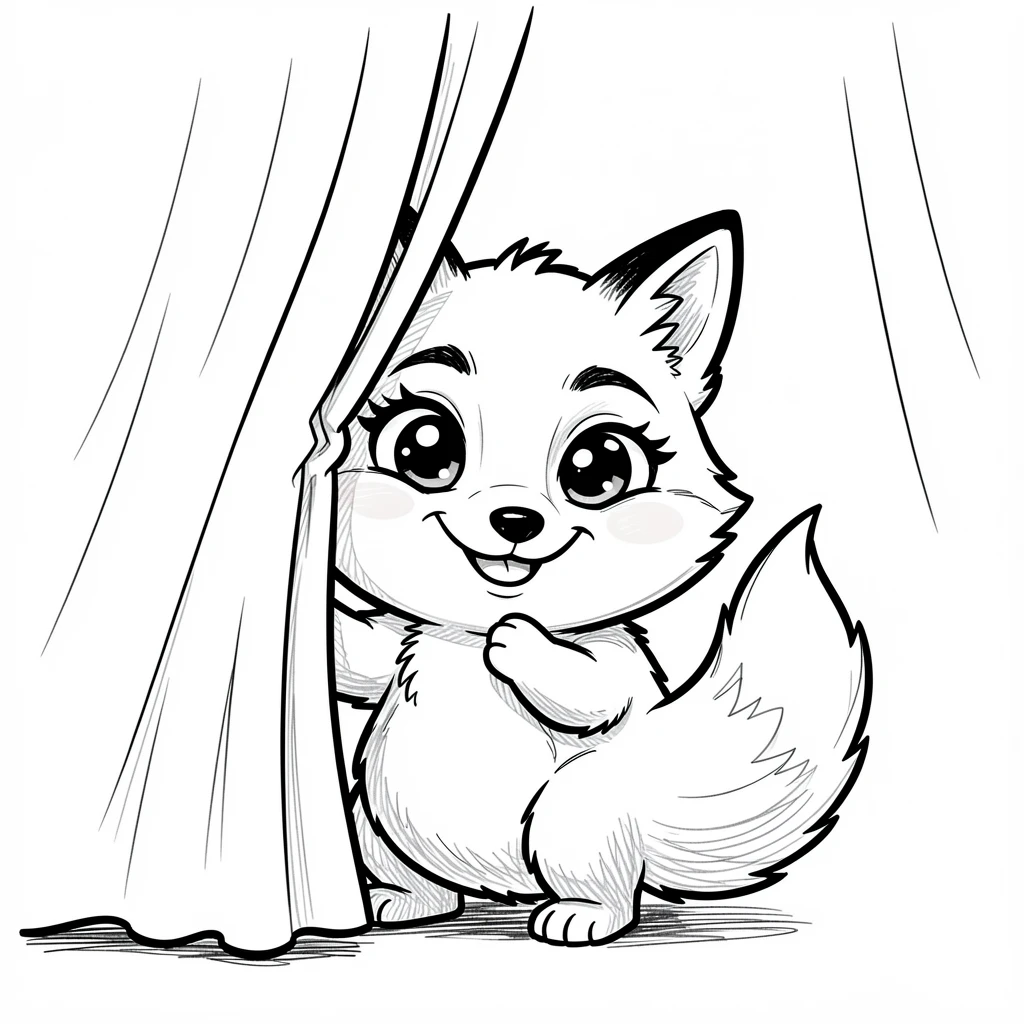 [Cute Animals & Pets] Adorable scene of a chubby baby fox hiding behind a curtain, bursting with charm and playful energy