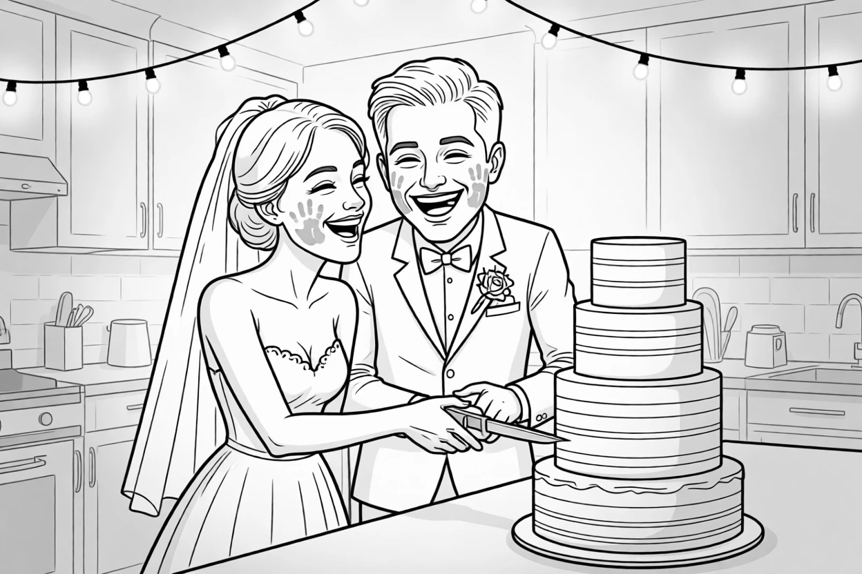 Two newlyweds laughing as they try to cut a towering cake, leaving handprints of paint on each other's cheeks, set in a warmly lit kitchen after hours. String lights sway gently overhead. There's a tender sweetness beneath all the silliness.
