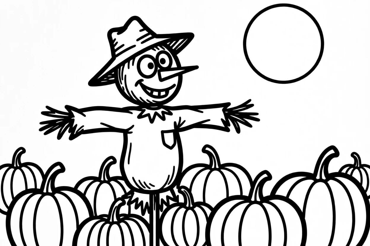 A scarecrow standing watch over a vibrant pumpkin patch under a harvest moon.