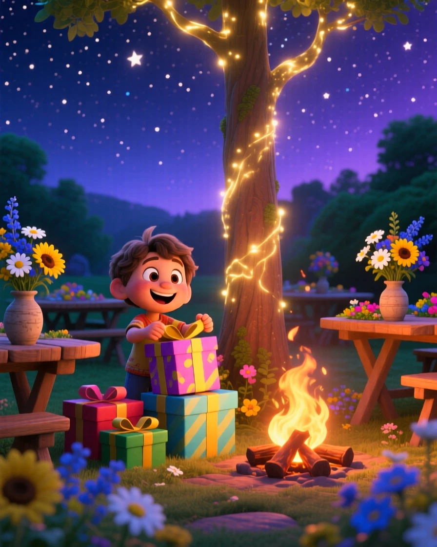 A child opening presents beside a glowing tree happens around a crackling bonfire under a starry sky, with fresh flowers decorating every table. A cozy, cheerful spirit radiates through the moment.