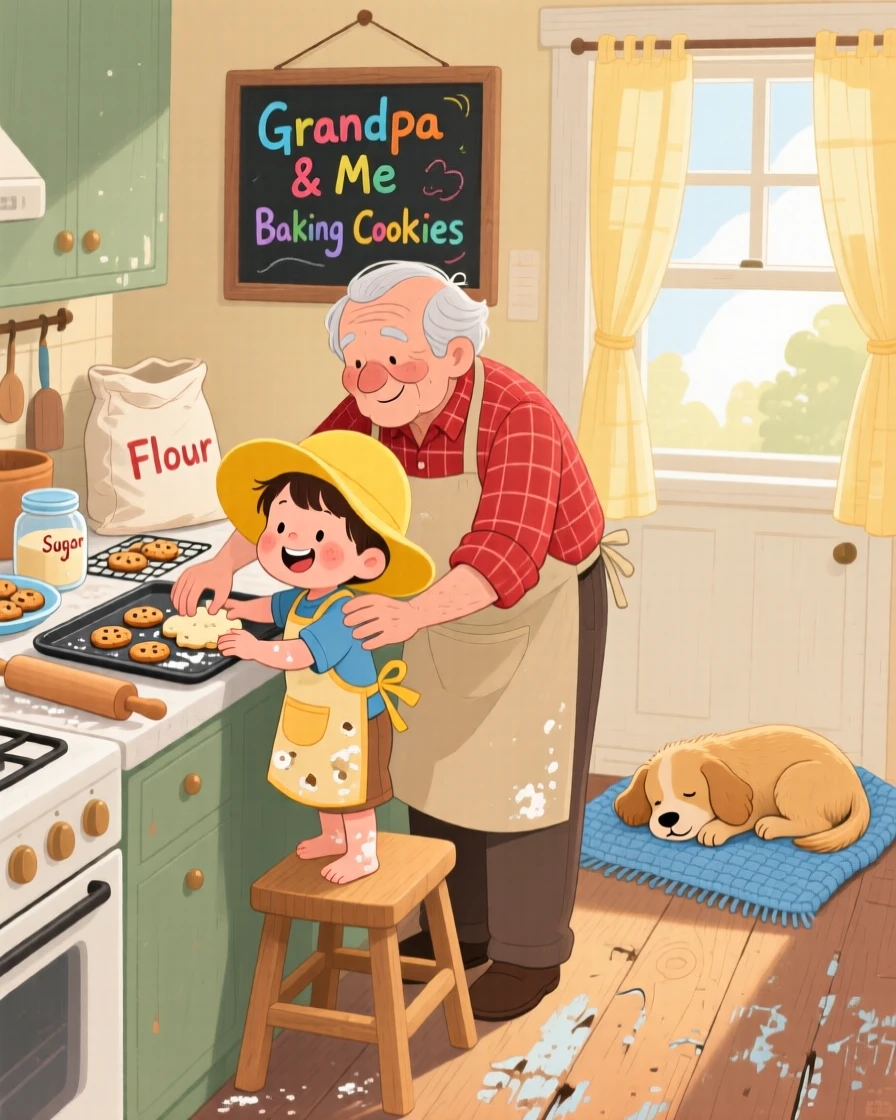 A toddler in a sunhat spends the afternoon baking cookies together in a warm kitchen with his grandfather, while a puppy dozes nearby.
