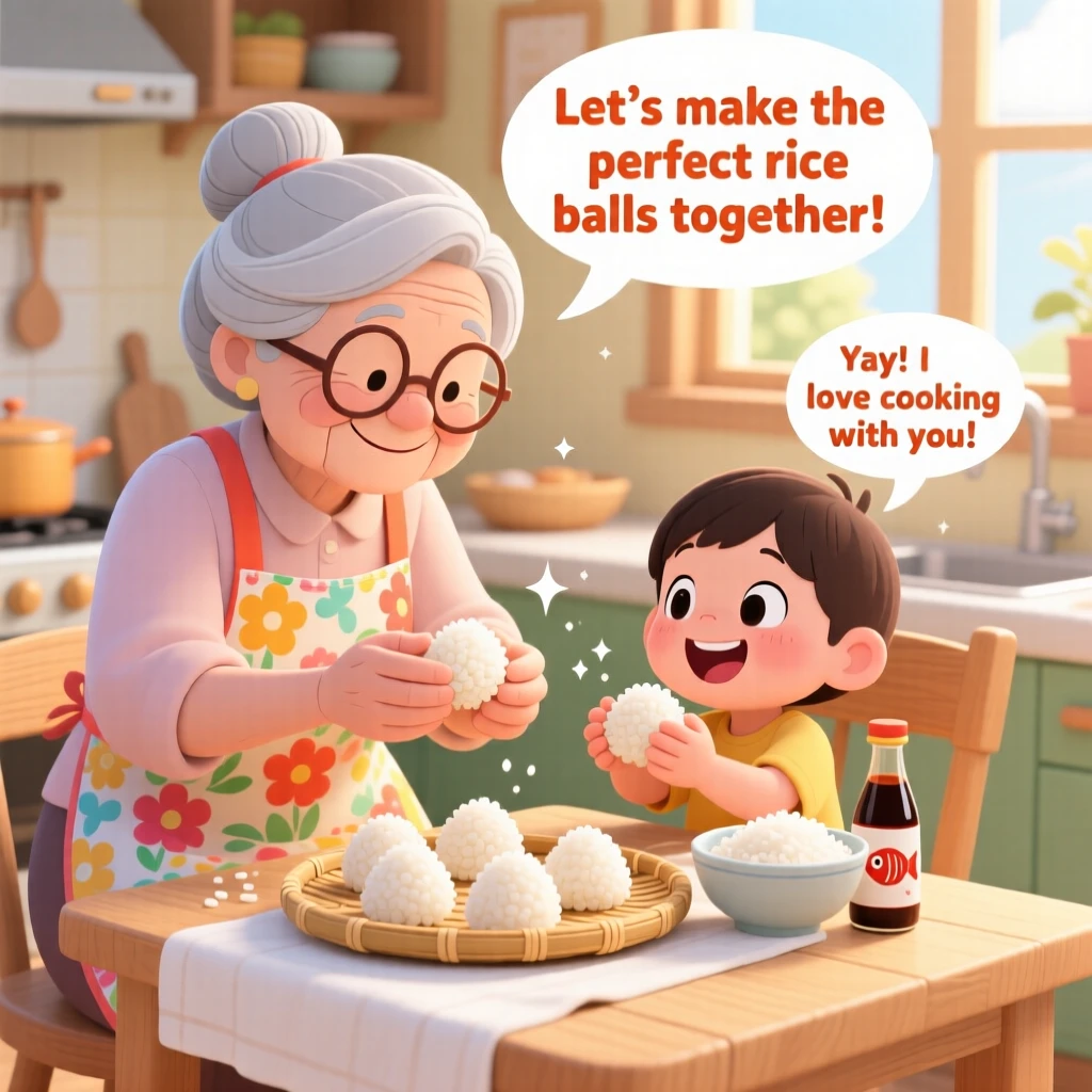 A grandmother teaching her grandchild to shape rice balls.