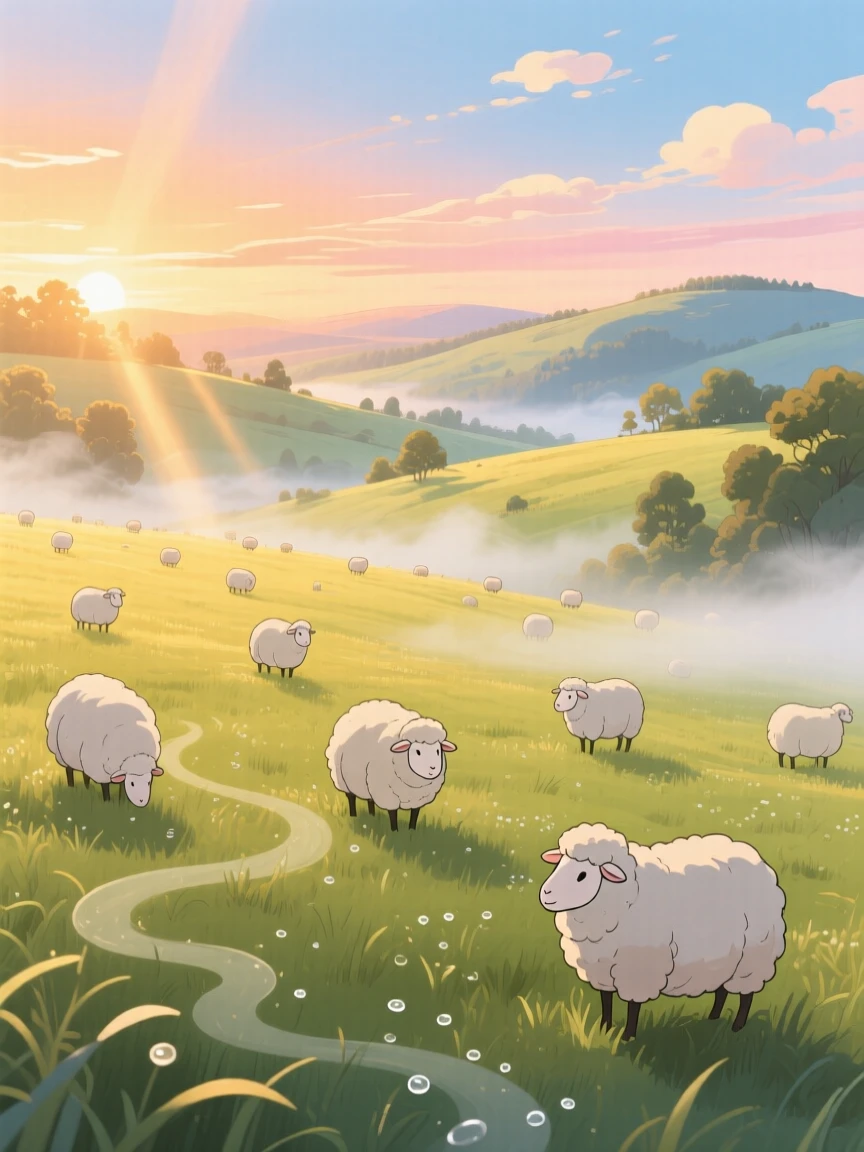 A breathtaking view of a meadow dotted with grazing sheep, with wisps of morning mist clinging to the low ground, at golden hour, framed with a wide panoramic view.