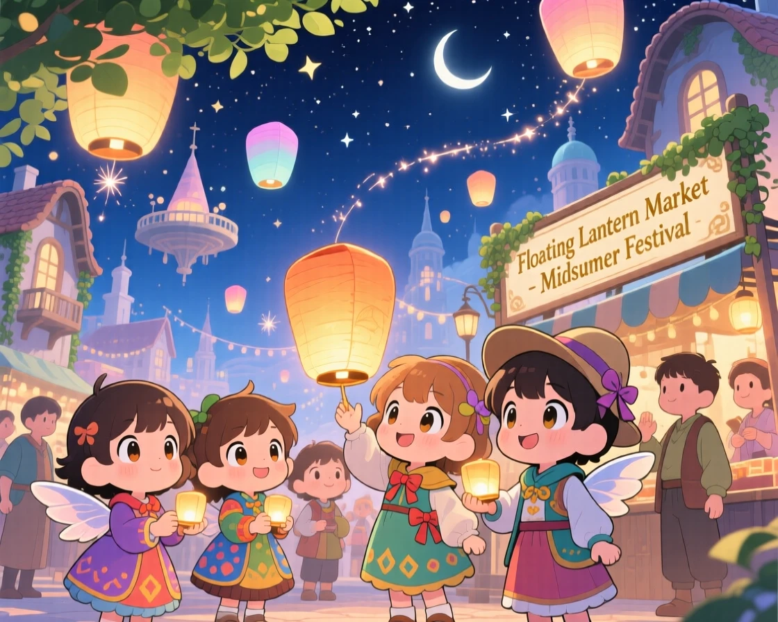 Townsfolk children gathering at a floating lantern market in a magical sky-city marketplace under a starry midsummer night sky; warm morning light filtering through leaves washes over the scene as peaceful calm fills the moment. Waist-up portrait.