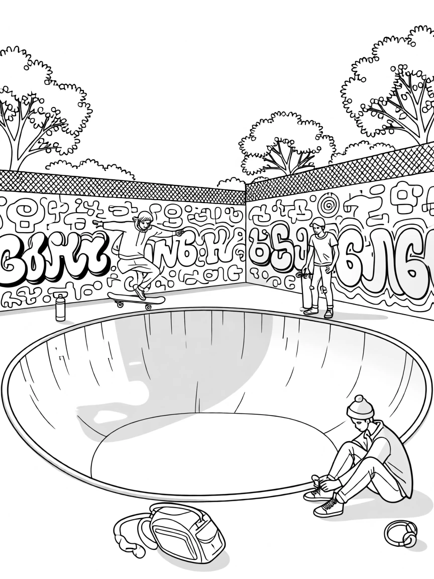 A skate park bowl surrounded by graffiti-covered walls, with a warm golden light bathing the scene.