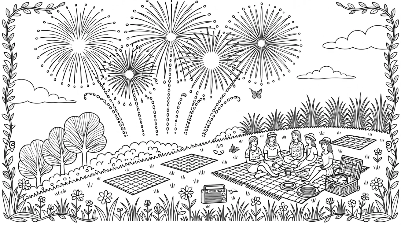 A summer fireworks picnic scene spread across a grassy hillside.