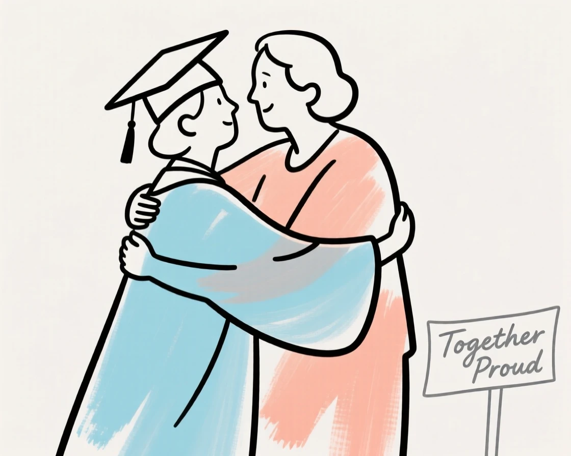 A graduate hugging a proud parent