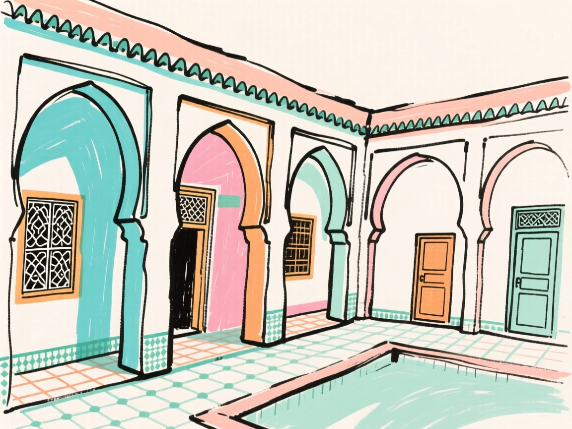 A row of traditional Moroccan riads with colorful tiled courtyards.