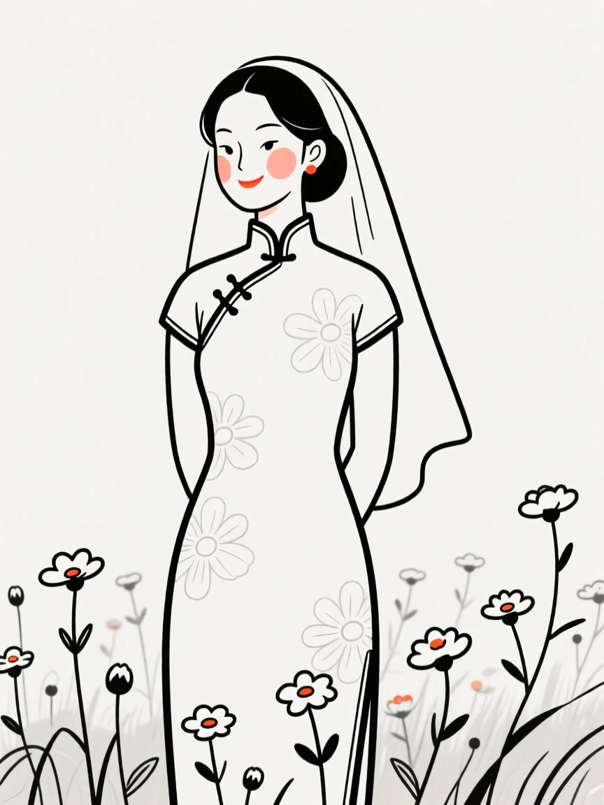 A newlywed woman of Iranian heritage wearing a Chinese qipao, grinning mischievously, in a field of wildflowers.