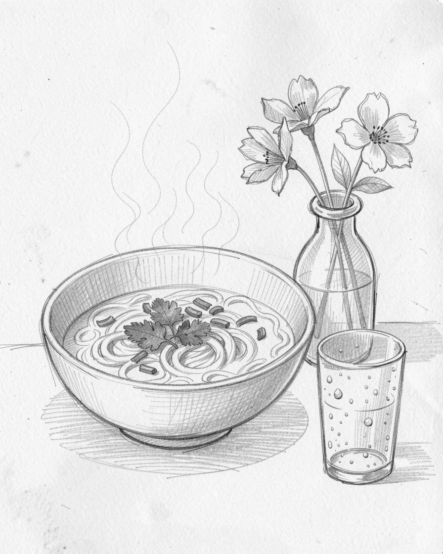 A cozy food scene featuring a bowl of steaming ramen with fresh herbs beside fresh flowers in a vase, with condensation glistening on a nearby glass.