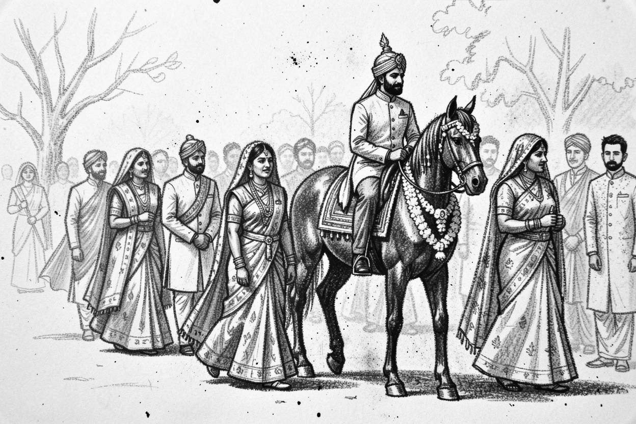A traditional wedding procession in vibrant Indian attire, on a quiet, peaceful afternoon.