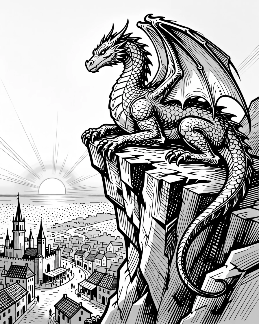 A dragon resting atop a cliff overlooking a kingdom bathed in sunset light.
