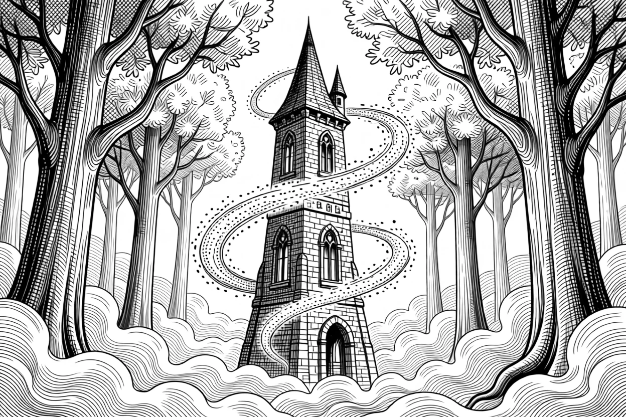 A wizard's tower rising from a misty forest within a forest of towering luminous trees, with a trail of glimmering dust in the air, forming a richly imaginative fantasy scene.