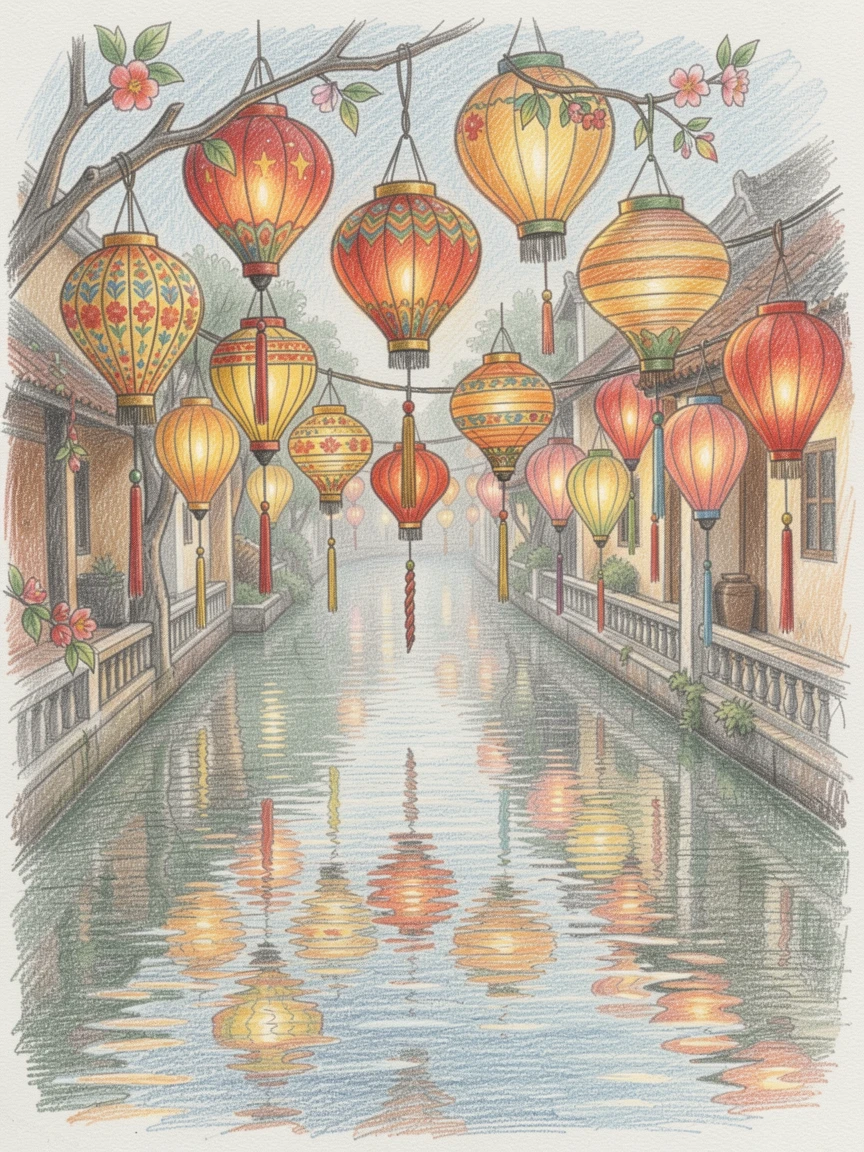 A Vietnamese lantern festival reflected in a quiet canal, with delicate details that reward a closer look, evoking warmth, beauty, and a lasting sense of wonder.