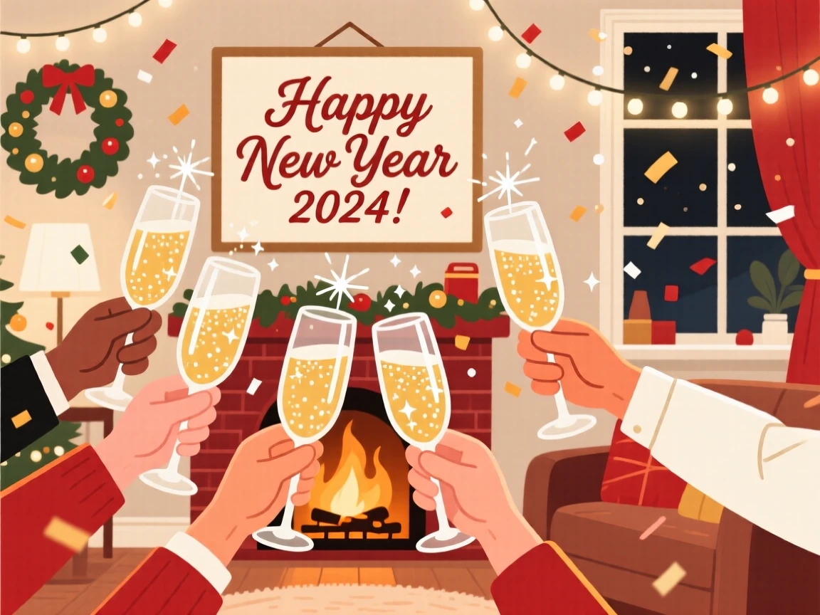 A festive New Year's toast with sparkling glasses raised high, set within a cozy home filled with festive cheer, arranged with joyful energy and dynamic movement, with a joyful sense of togetherness and celebration.