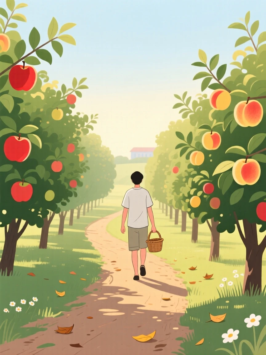 A summer scene of a quiet morning walk in an orchard.