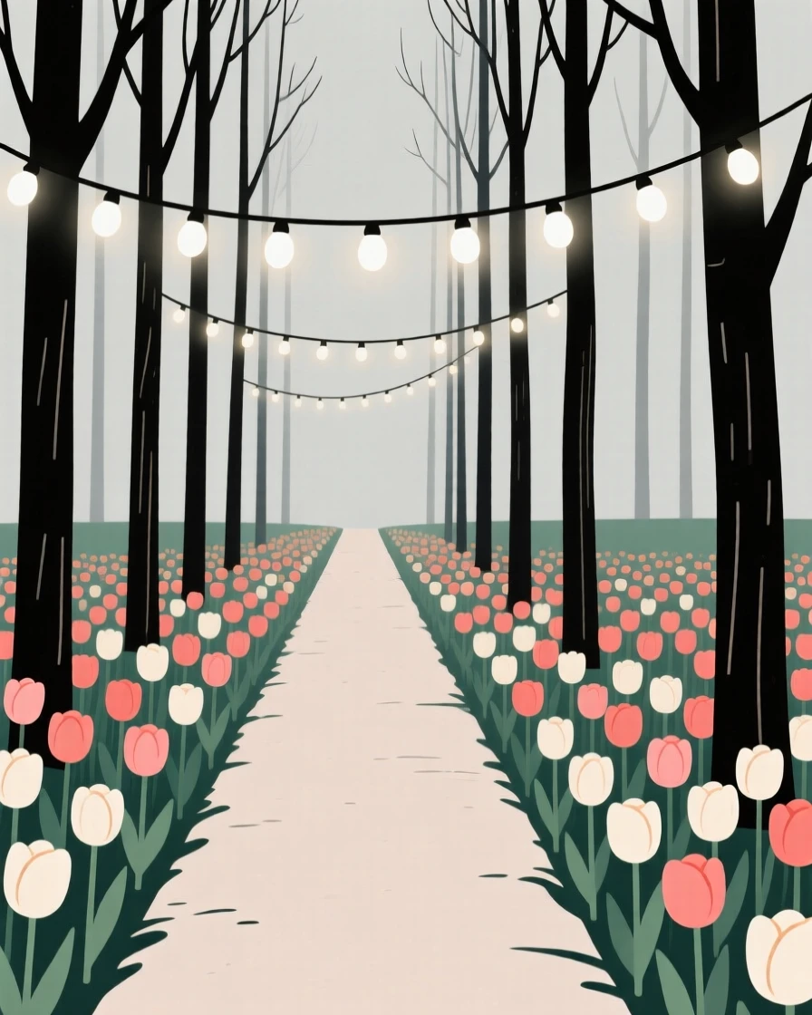 A forest trail, transformed by field of blooming tulips, with a string of holiday lights scattered throughout, captures seasonal renewal.