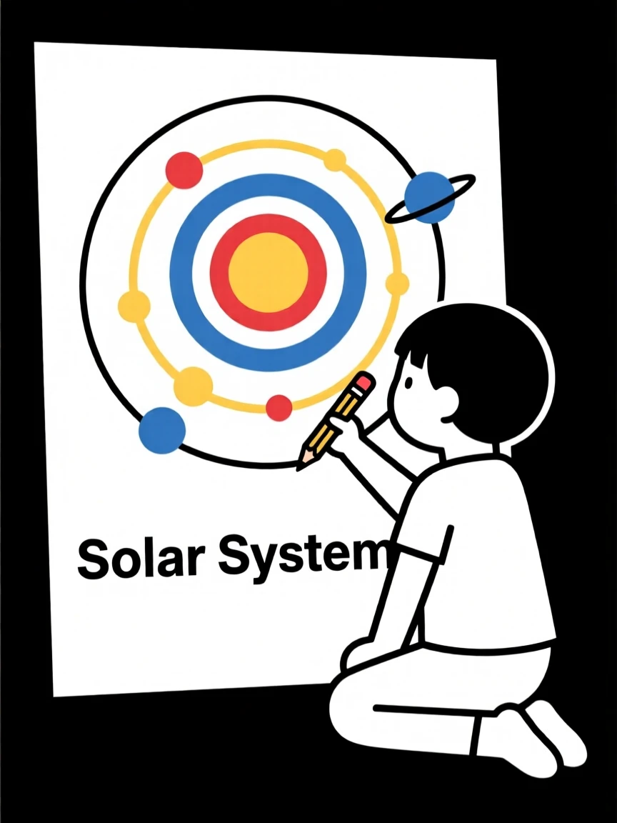 A child drawing a picture of the solar system