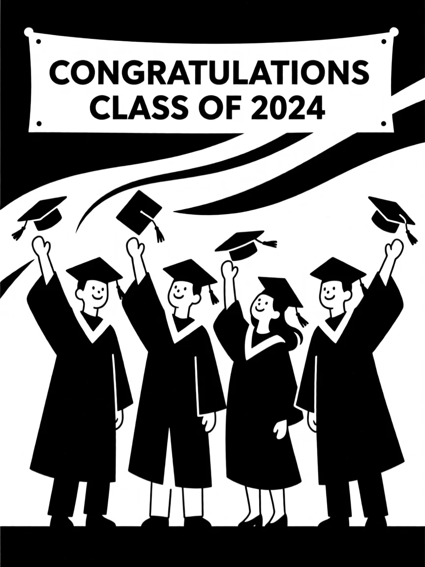A graduation ceremony with caps thrown into the air.