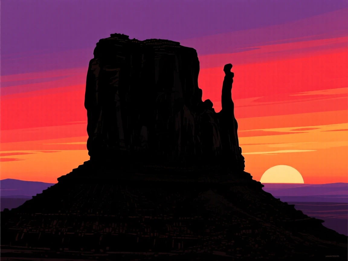 A dramatic mesa formation glowing red at sunset in the American southwest.