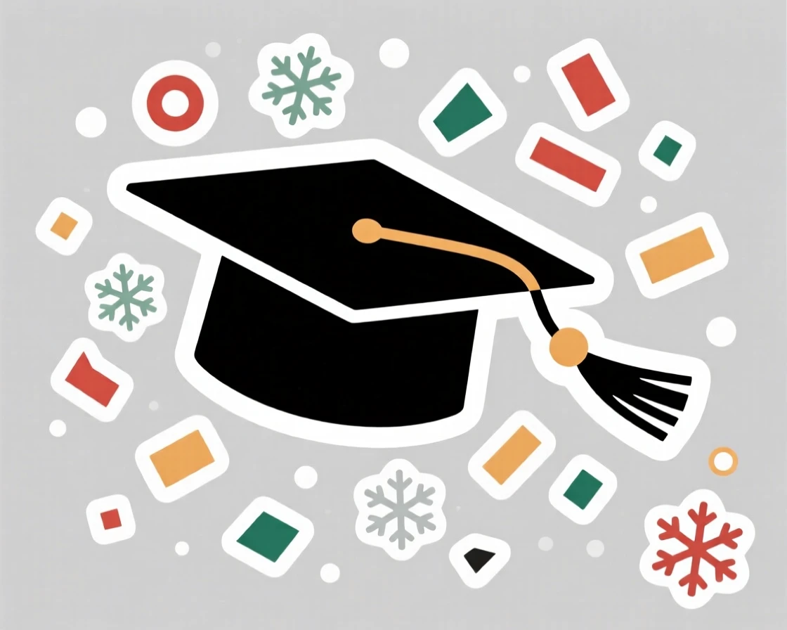 A warmly nostalgic graduation cap tossed into the air, surrounded by falling confetti, during the most magical time of year.