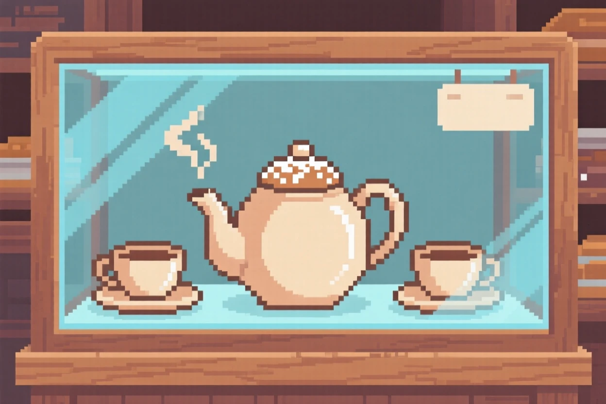 A tea set with a steaming pot topped with a dusting of powdered sugar, in a cozy bakery display case.